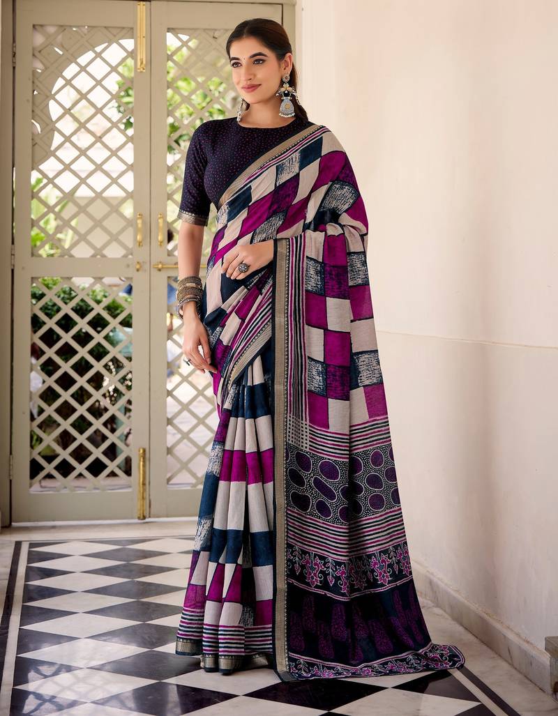 Navy blue viscose chanderi printed with temple border saree & unstitched blouse