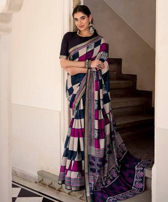 Navy blue viscose chanderi printed with temple border saree & unstitched blouse 2
