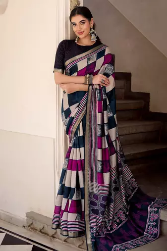 Navy blue viscose chanderi printed with temple border saree & unstitched blouse