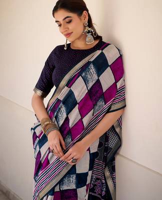 Navy blue viscose chanderi printed with temple border saree & unstitched blouse 3