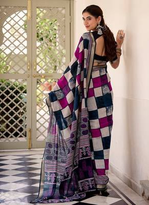 Navy blue viscose chanderi printed with temple border saree & unstitched blouse 4