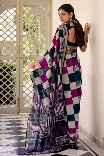 Navy blue viscose chanderi printed with temple border saree & unstitched blouse