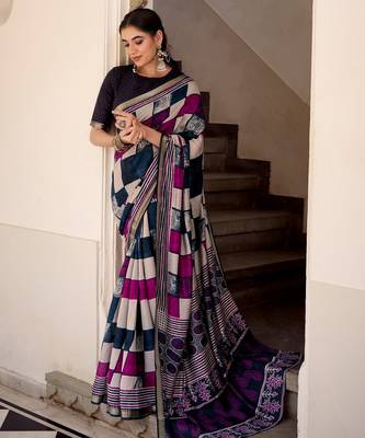 Navy blue viscose chanderi printed with temple border saree & unstitched blouse 5
