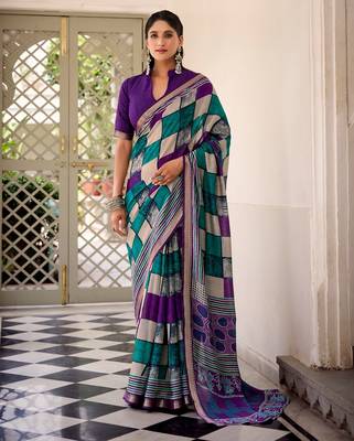 Purple viscose chanderi printed with temple border saree & unstitched blouse 1