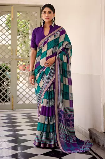 Purple viscose chanderi printed with temple border saree & unstitched blouse
