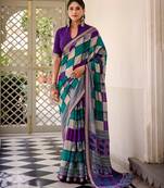 Purple viscose chanderi printed with temple border saree & unstitched blouse
