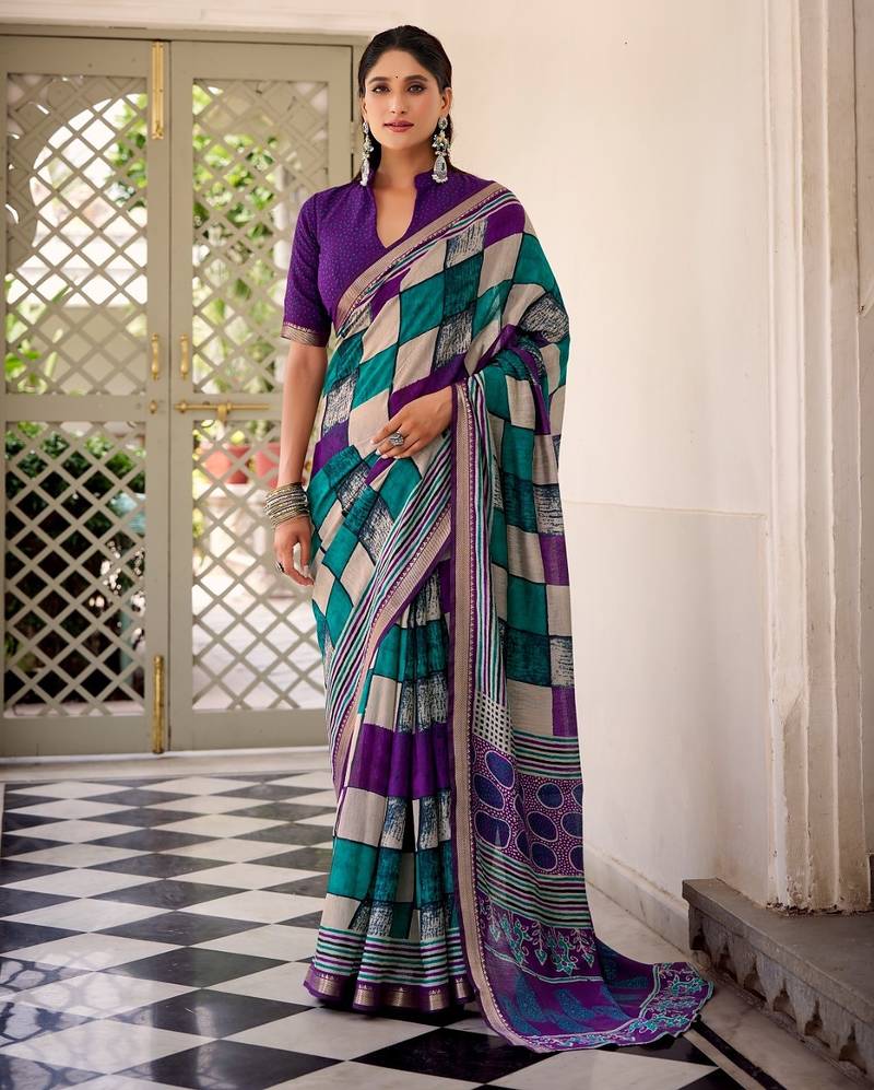 Purple viscose chanderi printed with temple border saree & unstitched blouse