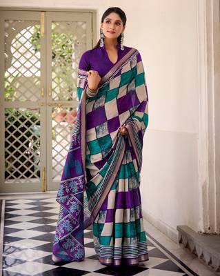 Purple viscose chanderi printed with temple border saree & unstitched blouse 2