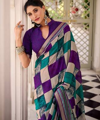 Purple viscose chanderi printed with temple border saree & unstitched blouse 3