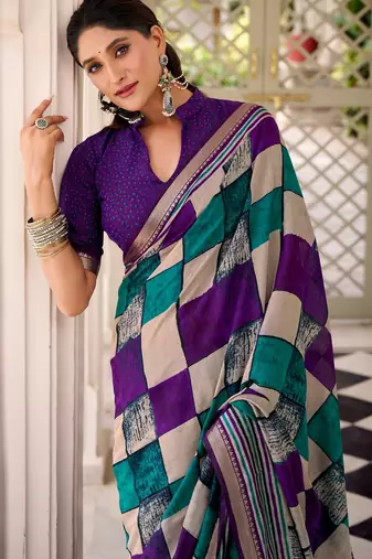 Purple viscose chanderi printed with temple border saree & unstitched blouse