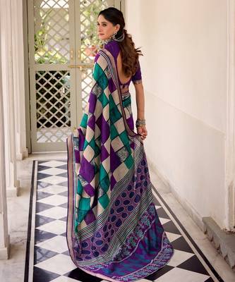Purple viscose chanderi printed with temple border saree & unstitched blouse 4