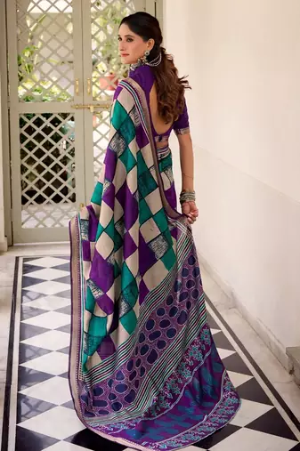 Purple viscose chanderi printed with temple border saree & unstitched blouse