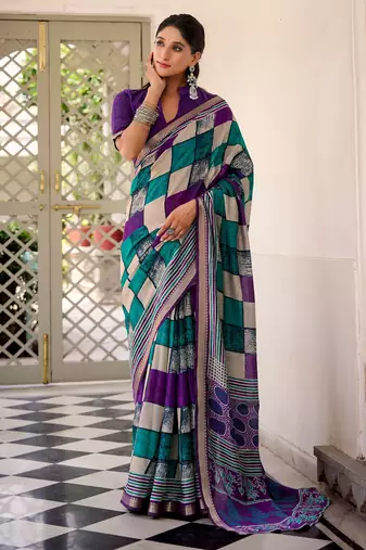 Purple viscose chanderi printed with temple border saree & unstitched blouse