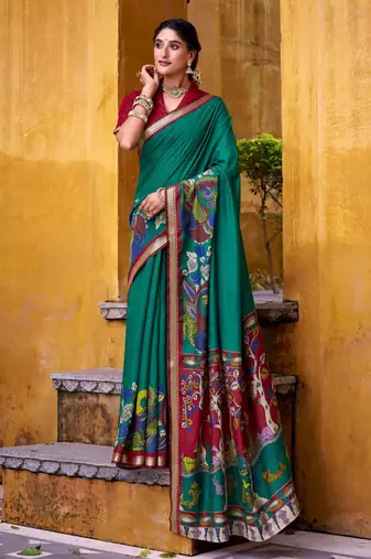 Firozi viscose chanderi kalamkari print with zari working saree & unstitched blouse