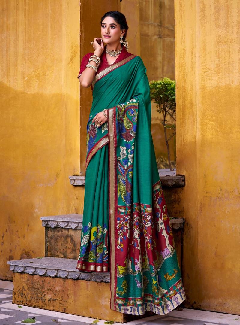 Firozi viscose chanderi kalamkari print with zari working saree & unstitched blouse