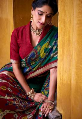 Firozi viscose chanderi kalamkari print with zari working saree & unstitched blouse 2