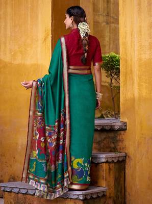 Firozi viscose chanderi kalamkari print with zari working saree & unstitched blouse 3