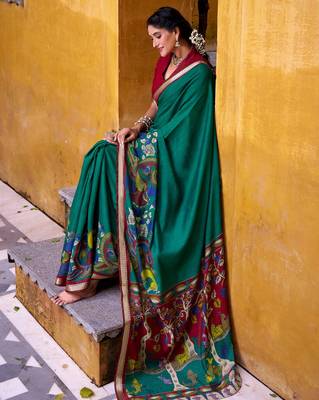 Firozi viscose chanderi kalamkari print with zari working saree & unstitched blouse 4