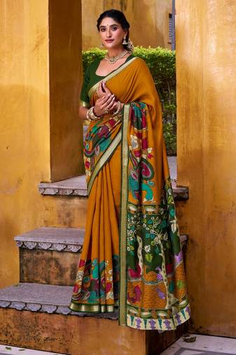 Mustard viscose chanderi kalamkari print with zari working saree & unstitched blouse