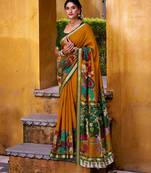 Mustard viscose chanderi kalamkari print with zari working saree & unstitched blouse