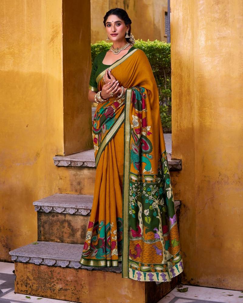 Mustard viscose chanderi kalamkari print with zari working saree & unstitched blouse