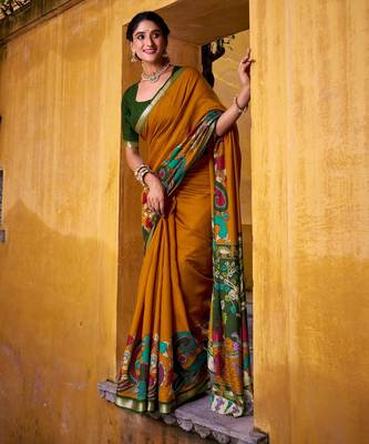 Mustard viscose chanderi kalamkari print with zari working saree & unstitched blouse 2