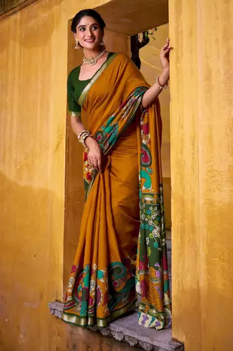 Mustard viscose chanderi kalamkari print with zari working saree & unstitched blouse