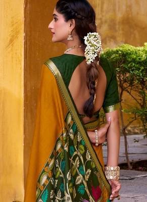 Mustard viscose chanderi kalamkari print with zari working saree & unstitched blouse 3