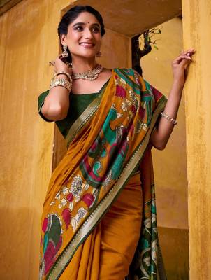 Mustard viscose chanderi kalamkari print with zari working saree & unstitched blouse 4