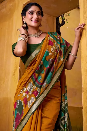 Mustard viscose chanderi kalamkari print with zari working saree & unstitched blouse