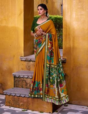 Mustard viscose chanderi kalamkari print with zari working saree & unstitched blouse 5