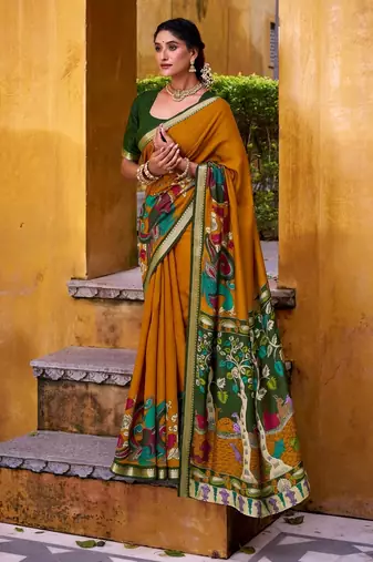 Mustard viscose chanderi kalamkari print with zari working saree & unstitched blouse