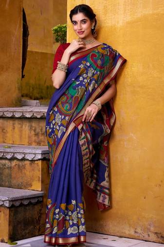 Blue viscose chanderi kalamkari print with zari working saree & unstitched blouse