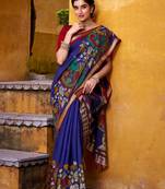 Blue viscose chanderi kalamkari print with zari working saree & unstitched blouse