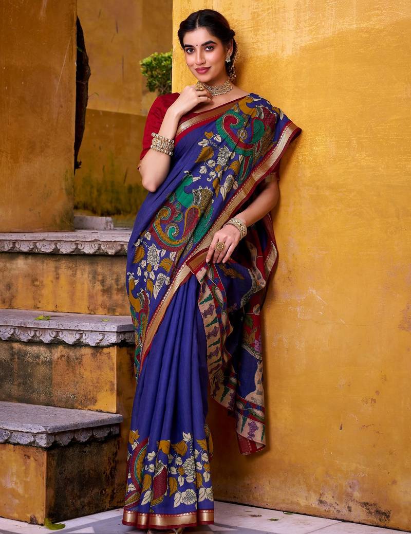 Blue viscose chanderi kalamkari print with zari working saree & unstitched blouse