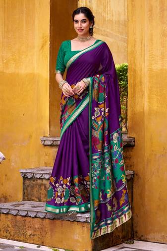 Purple viscose chanderi kalamkari print with zari working saree & unstitched blouse