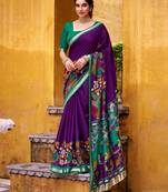 Purple viscose chanderi kalamkari print with zari working saree & unstitched blouse