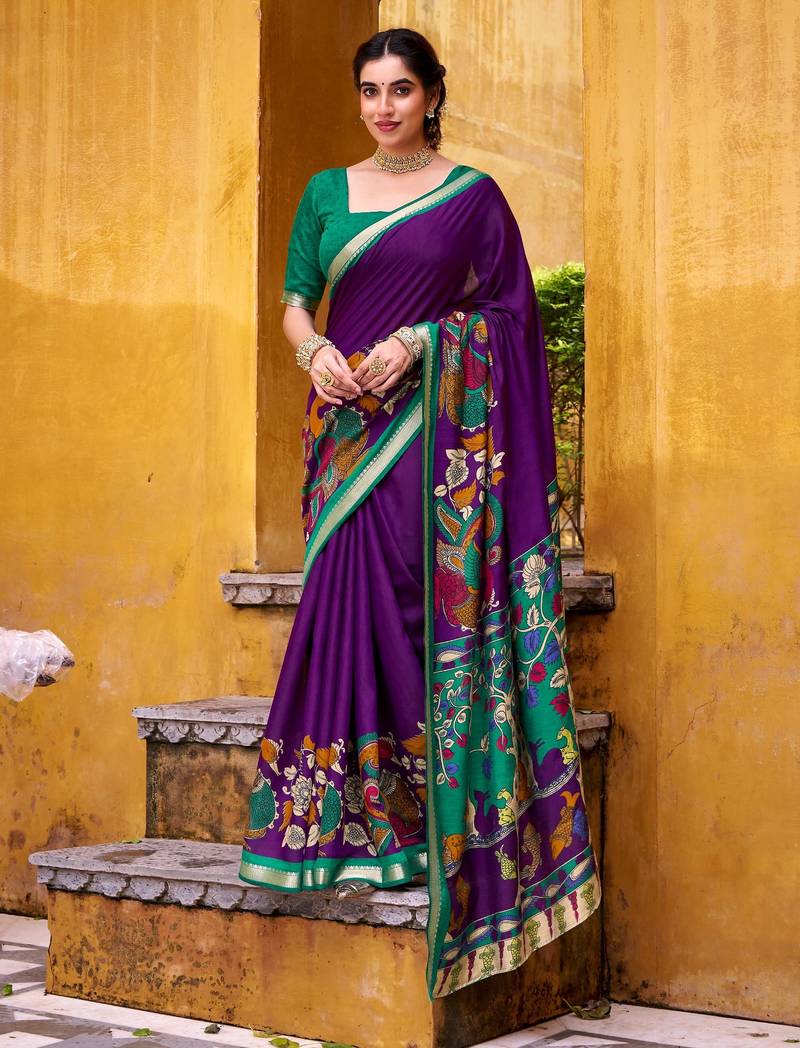 Purple viscose chanderi kalamkari print with zari working saree & unstitched blouse