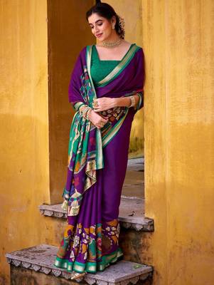 Purple viscose chanderi kalamkari print with zari working saree & unstitched blouse 2