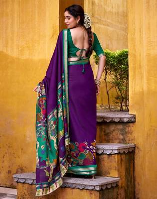 Purple viscose chanderi kalamkari print with zari working saree & unstitched blouse 3