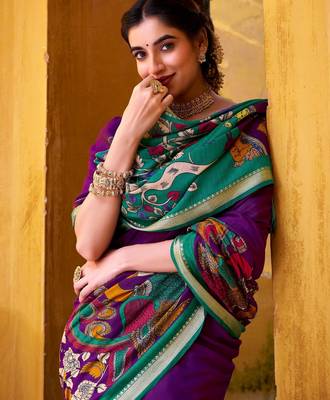 Purple viscose chanderi kalamkari print with zari working saree & unstitched blouse 4