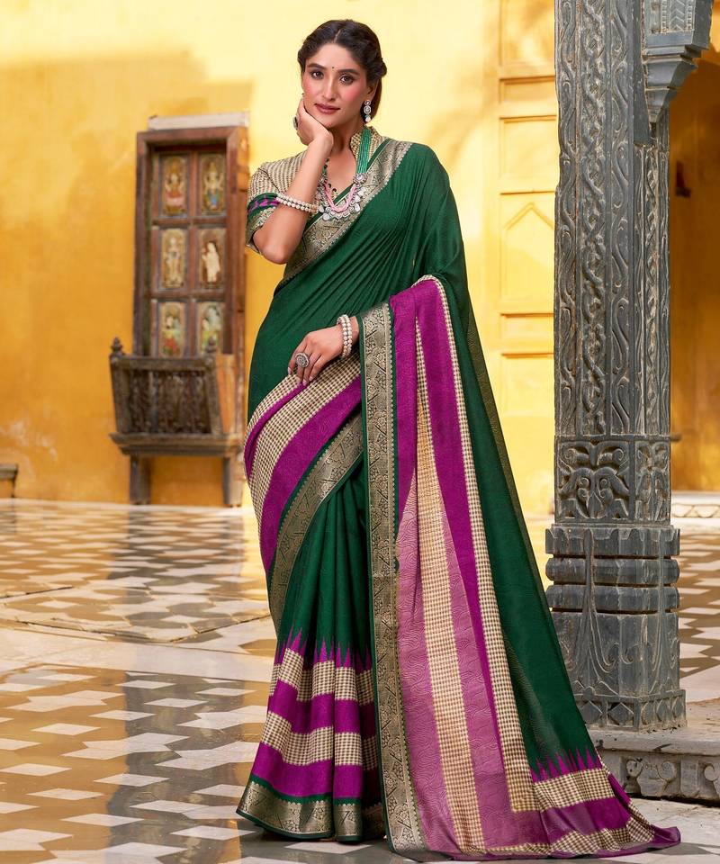 Green printed with zari weaving work poly cotton saree & unstitched blouse