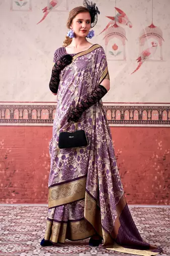 Lavender tussa silk printed with viscose border saree & unstitched blouse