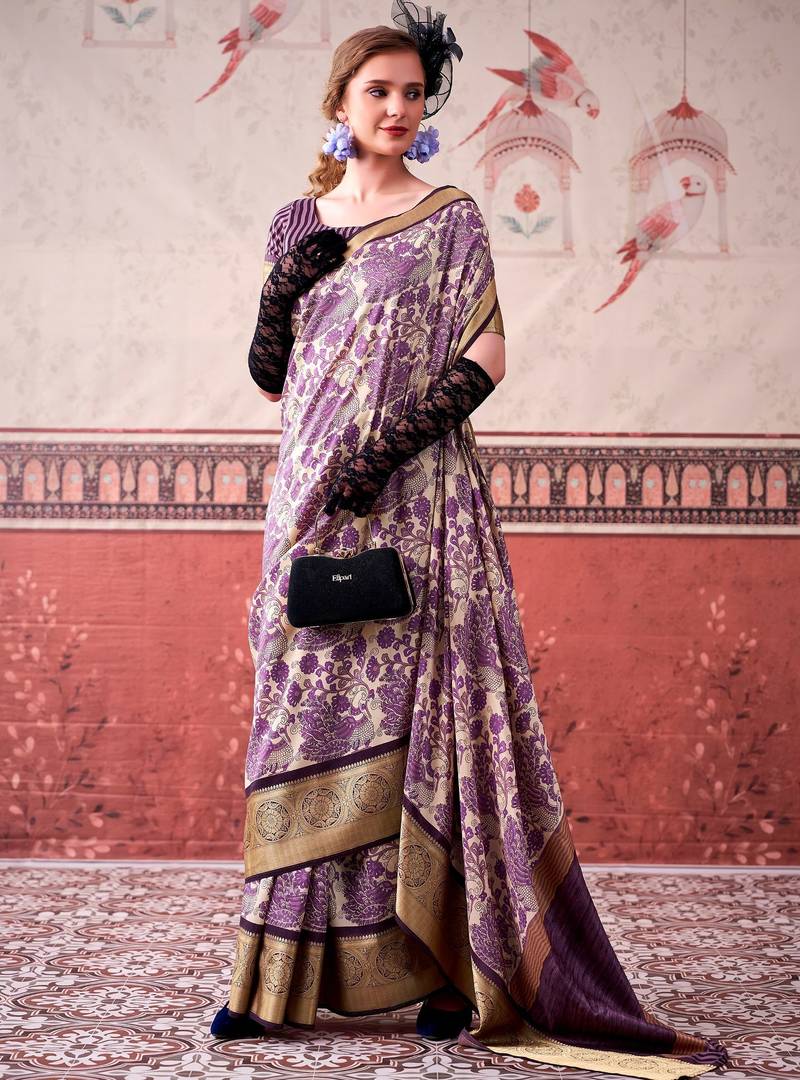 Lavender tussa silk printed with viscose border saree & unstitched blouse