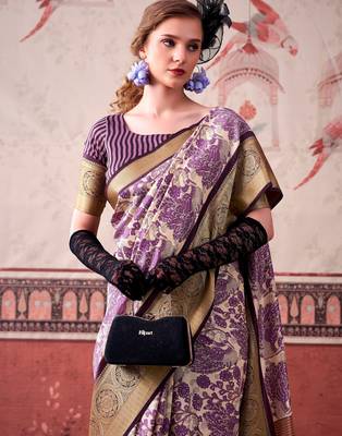 Lavender tussa silk printed with viscose border saree & unstitched blouse 2