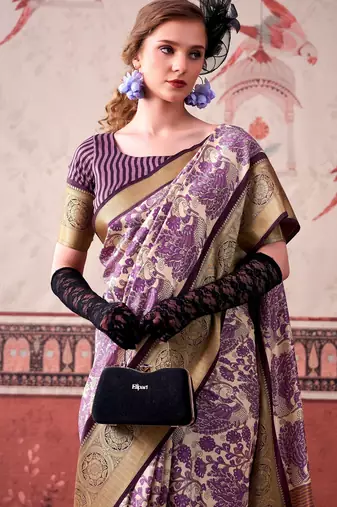 Lavender tussa silk printed with viscose border saree & unstitched blouse