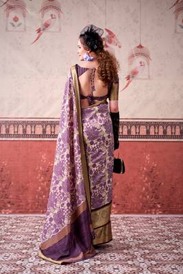 Lavender tussa silk printed with viscose border saree & unstitched blouse 3