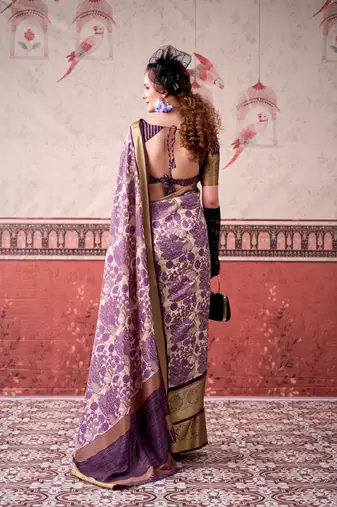 Lavender tussa silk printed with viscose border saree & unstitched blouse