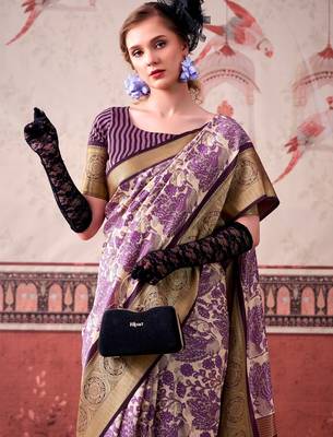 Lavender tussa silk printed with viscose border saree & unstitched blouse 4