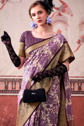 Lavender tussa silk printed with viscose border saree & unstitched blouse